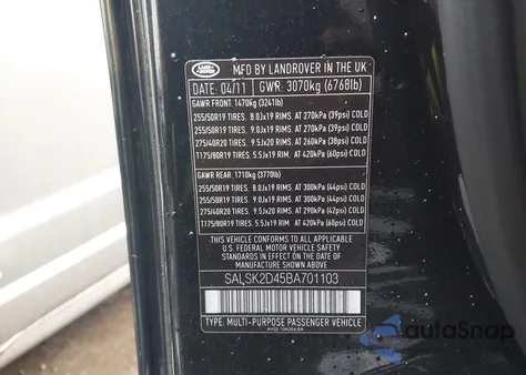 2011 Land Rover Range Rover Sport Hse from USA, damaged, VIN SALSK2D45BA701103